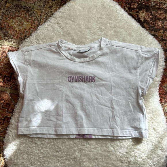 Gymshark Tops - Gymshark Cropped White/Lilac Logo Short Sleeve Workout Top